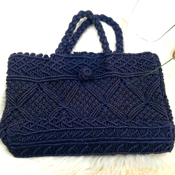 Navy Blue Crochet Handbag Boho Chic Whimsigoth Fairy Peasant - Picture 1 of 11